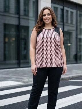 Worthingtpn Sleeveless  Geometric Blouse with Black Trim